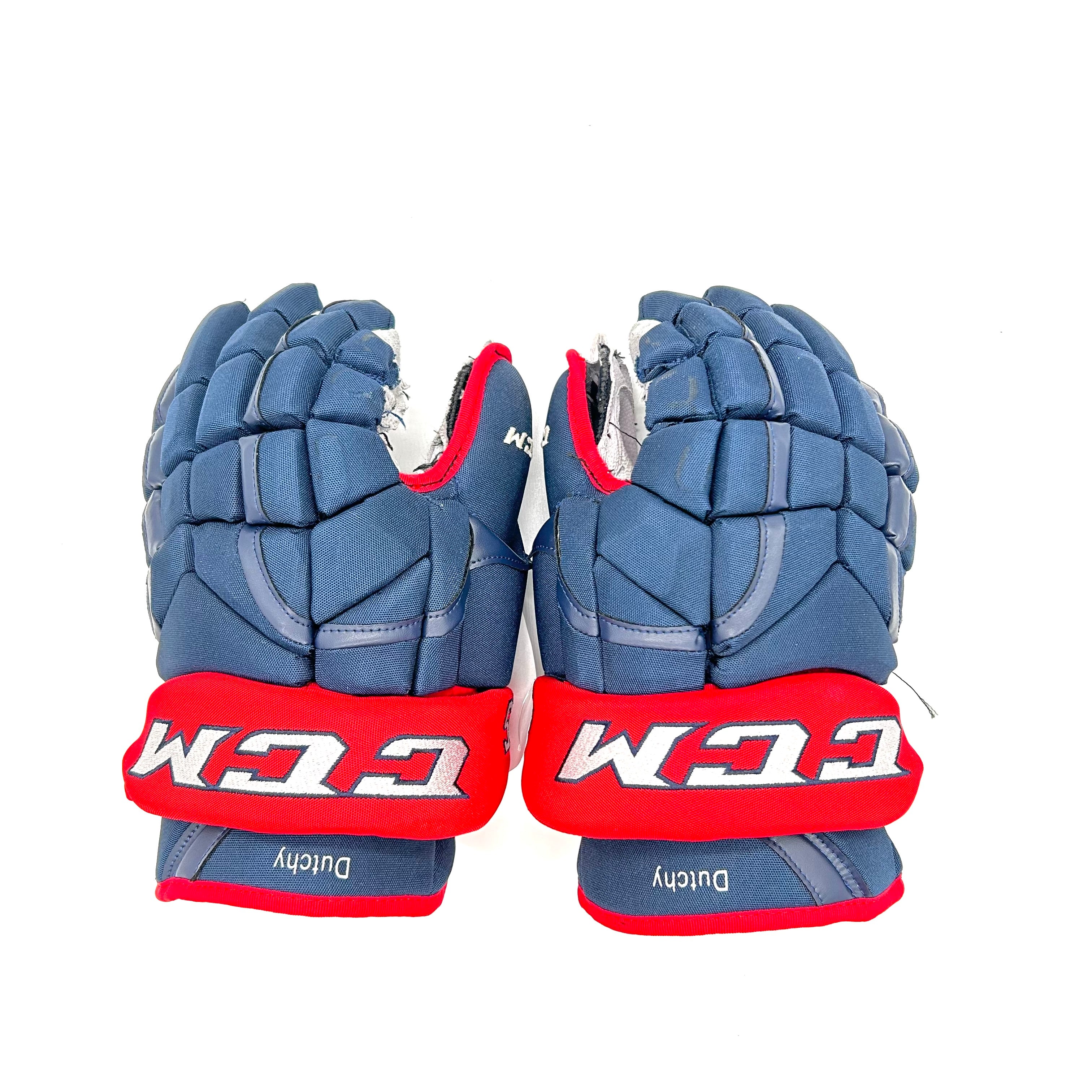 Gants de gardien de but NHL Pro Stock d'occasion – CCM HG12 – Blue Jackets de Columbus (LNH) – Matt Duchene (bleu/rouge)